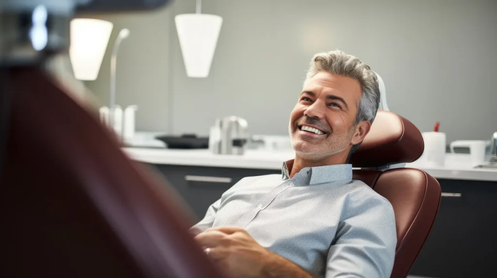 A man is sitting in a dental chair, smiling as he receives treatment from a dentist. Ensure a lifetime of healthy smiles with Big Sky Family Dental in Billings, MT.