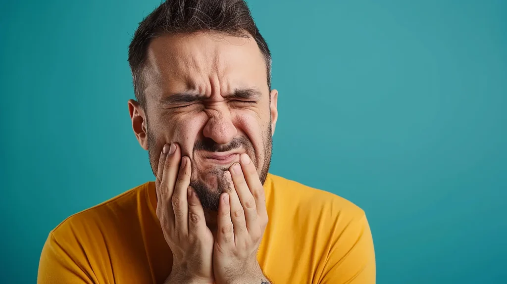 Man covering his mouth in pain, illustrating the discomfort caused by cavities - Big Sky Family Dental.