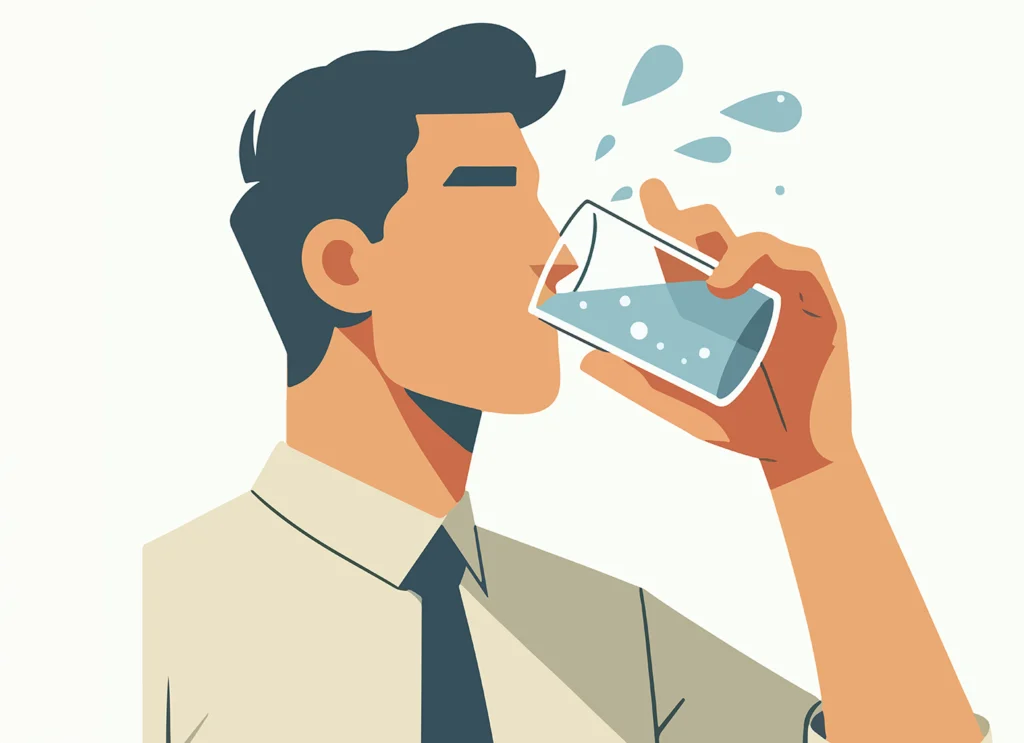 Illustration of a man drinking water to relieve dry mouth, highlighting the importance of hydration in managing dry mouth symptoms. Big Sky Family Dental offers treatment solutions for patients experiencing persistent dry mouth.