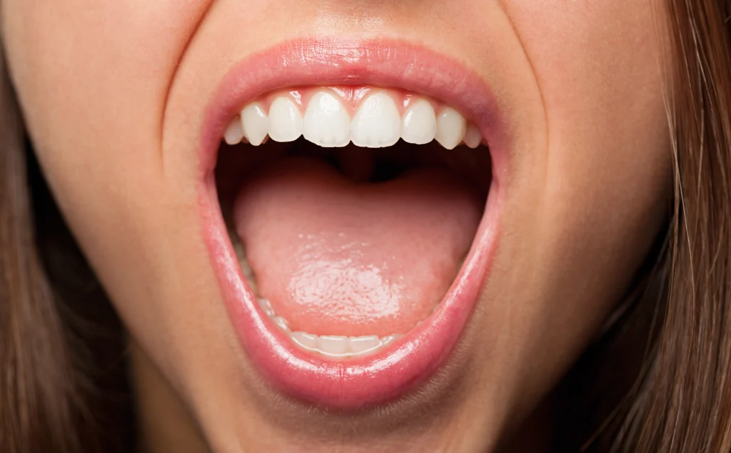 Close-up of a woman's open mouth, showcasing healthy teeth and gums. Saliva plays a crucial role in maintaining oral health by protecting teeth from decay and bacteria. Big Sky Family Dental emphasizes the importance of saliva in keeping your mouth clean and healthy.